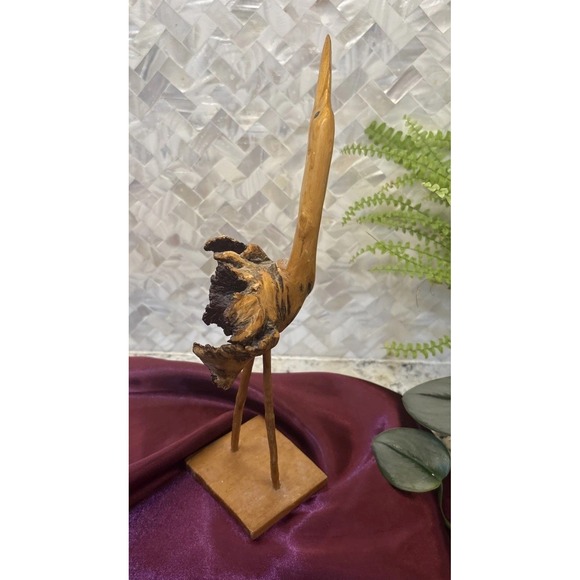 Wood bird figurine, burl‎ wood sculpture, wooden stork or crane figure - Picture 4 of 13